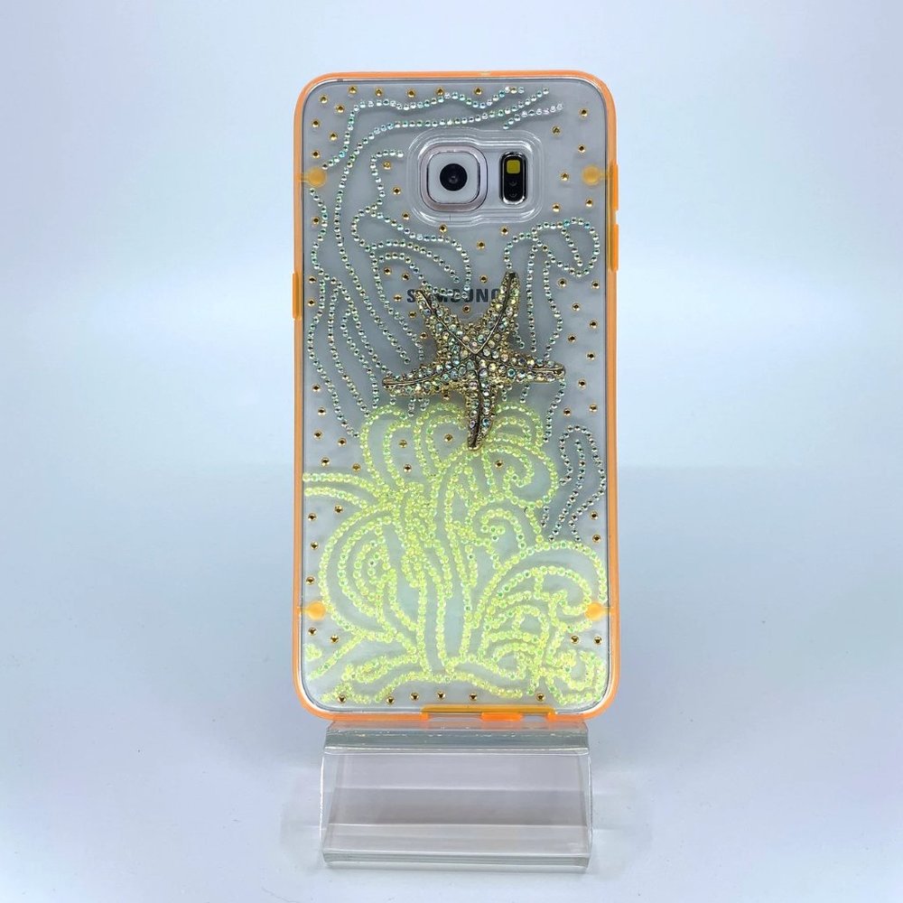 Galaxy S6 Edge Plus polycarbonate case. Handmade. Yellow, silver rhinestones